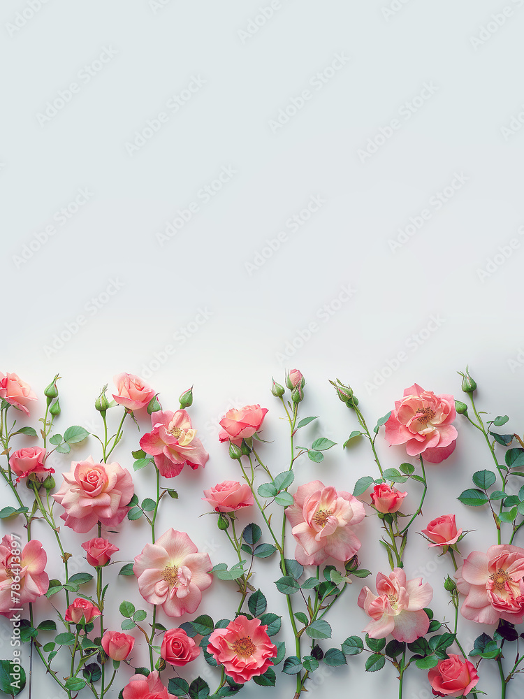 Flat lay of camellia flowers on white background with copyspace.