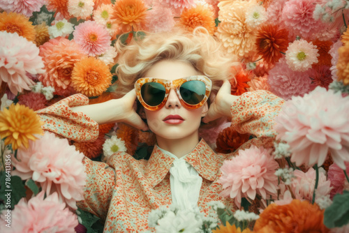 Wallpaper Mural Beautiful young woman in sunglasses with flowers in the background Torontodigital.ca