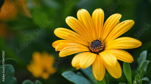 A yellow flower is in focus with a blurred background.  