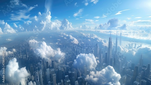 Blue sky-themed images depicting panoramic views from high vantage points, such as mountaintops, skyscrapers, and aircraft windows, offering breathtaking perspectives of the expansive blue sky