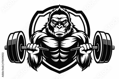 a gym logo with the name  black and white, gorilla with heavy barbell