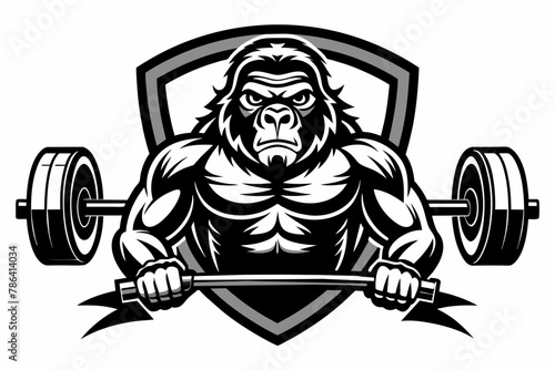 a gym logo with the name  black and white, gorilla with heavy barbell