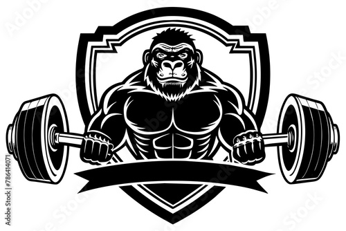 a gym logo with the name  black and white, gorilla with heavy barbell