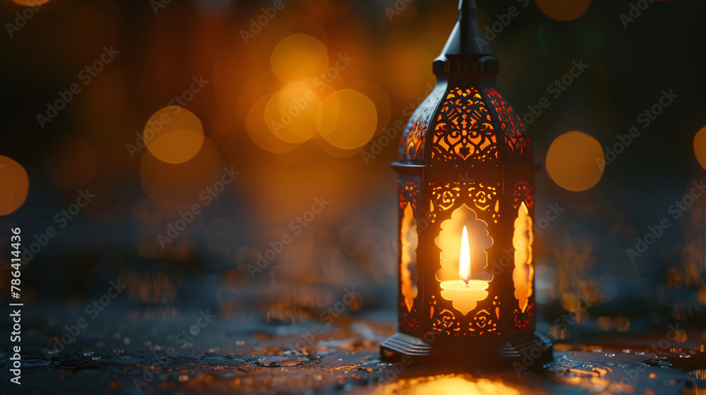 Ornamental Arabic lantern with burning candle glowing