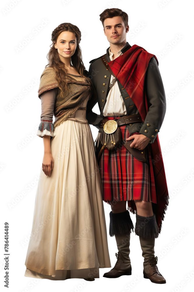 Hyper realistic Couple standing in SCOTLAND culture clothes Isolated on transparent background.