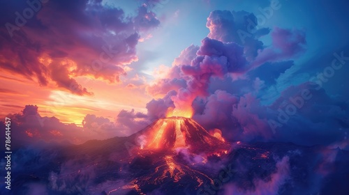 An erupting volcano with lava flows and smoke contrasts with a stunning sunset sky.