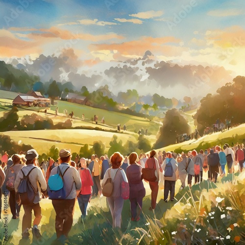 foule de promeneurs dans les vallons d'une campagne sous un coucher de soleil photo