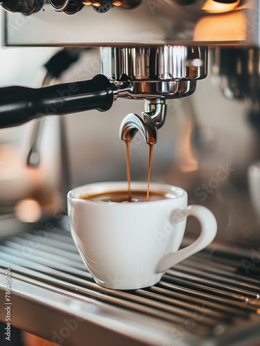 A coffee machine brewing a perfect cup in a smart kitchen at dawn