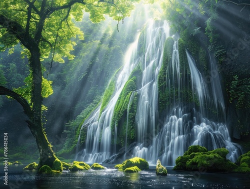 A breathtaking waterfall cascading down moss-covered rocks in a lush rainforest natural wonder Sunlight filters through the dense canopy, illuminating the cascading water with a magical