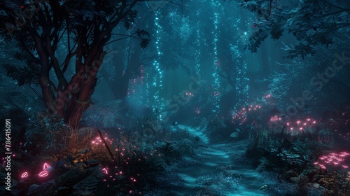An enchanted forest at night, glowing with bioluminescent plants and digital runes, a haven for mystical creatures