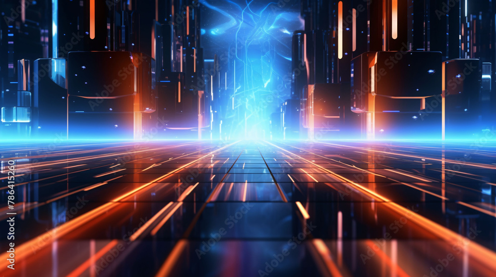 Naklejka premium Blue glowing line particles form a background of technological elements