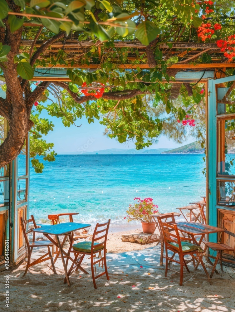 Cozy cafe on the beach with colored wooden window frames, tables and chairs under green trees overlooking clear blue water, colorful flowers on the background of the picture