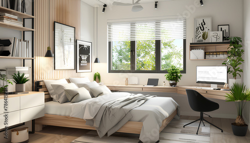 Interior of light bedroom with modern workplace