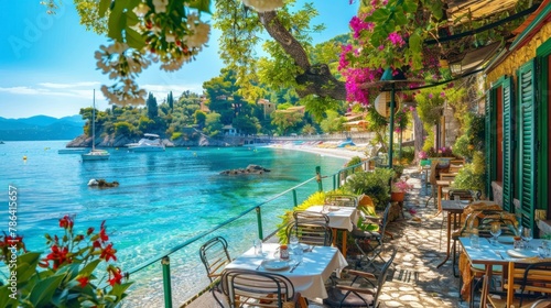 Cozy Mediterranean cafe on the beach under green trees overlooking clear blue water, colorful flowers in the background, sunny day, bright saturated colors © shooreeq