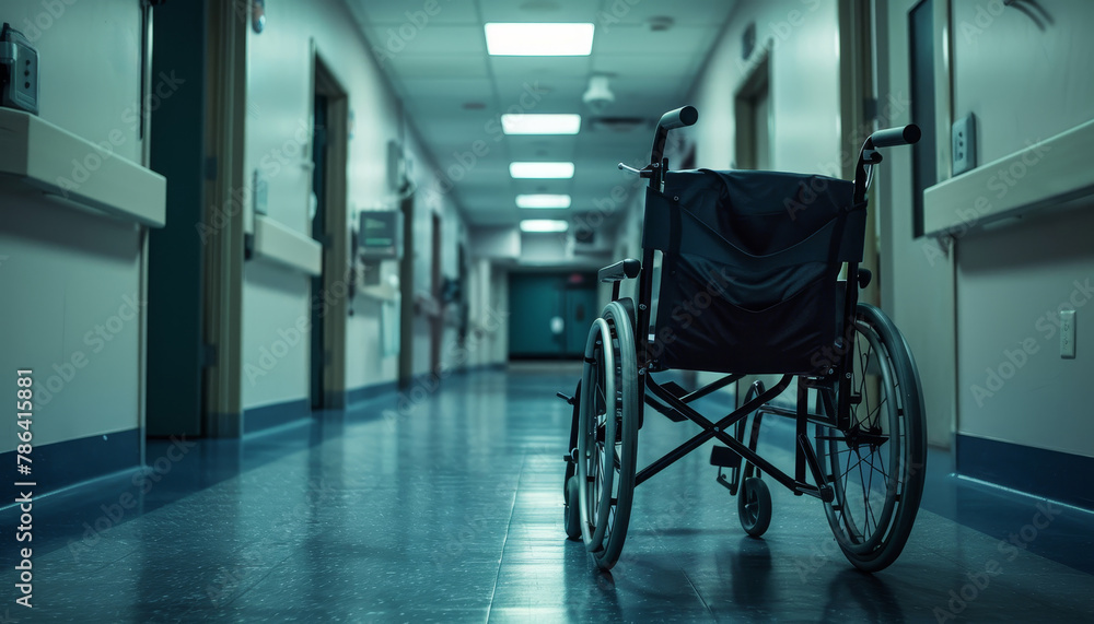 A black wheelchair is sitting in a hallway by AI generated image