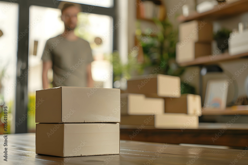 Professional online seller, presenting products in an interesting way, cardboard boxes on table and online seller presenting behind Professional online seller, presenting products in an interesting way, cardboard boxes on table and online seller presenting behind