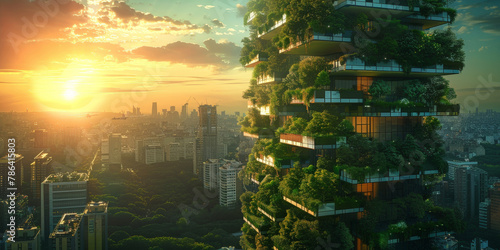 green building with balconies full of greenery overlooking the city at sunset.ecofriendly building design, urban landscape, green environment photo