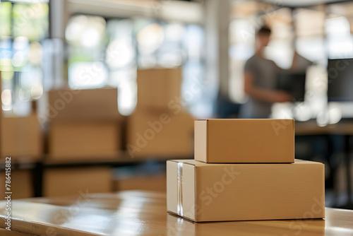 Professional online seller, presenting products in an interesting way, cardboard boxes on table and online seller presenting behind