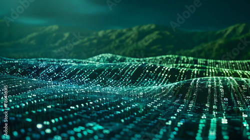 Digital data transfer with binary code flowing across a digital landscape, wallpaper of technology for sending and exchanging information transmission, global network connection photo
