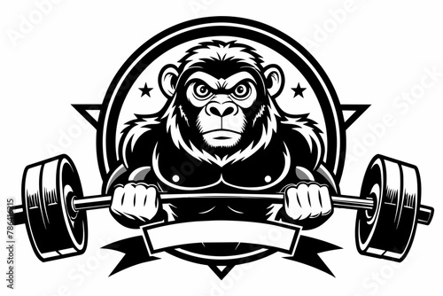 a gym logo with the name  black and white, monky with heavy barbell