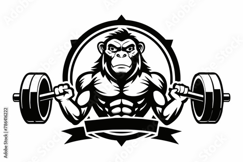 a gym logo with the name  black and white, monky with heavy barbell