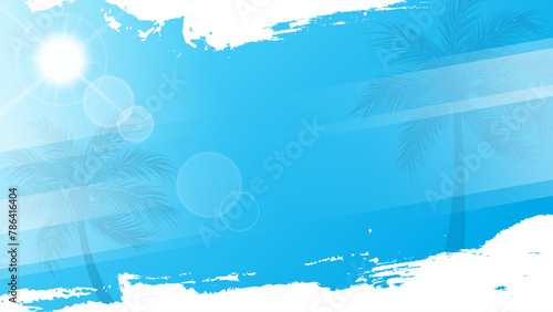 Summertime background with palm trees, summer sun and white brush strokes for creative Summer season graphic design. Blue color. Vector illustration.