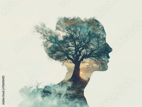 Mental health, psychology, tranquility illustration, double exposure, white background © shooreeq