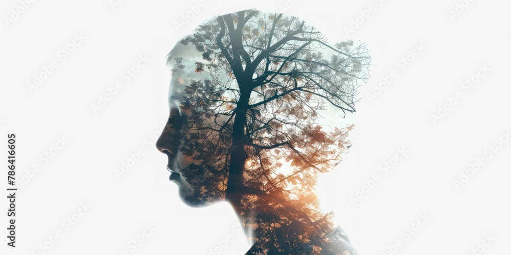 Mental health, psychology, tranquility illustration, double exposure, white background
