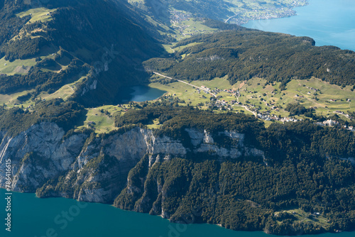 Seelisberg peninsula near lake seen from Fronalstock summit, Switzerland. Swiss Alps iconic view