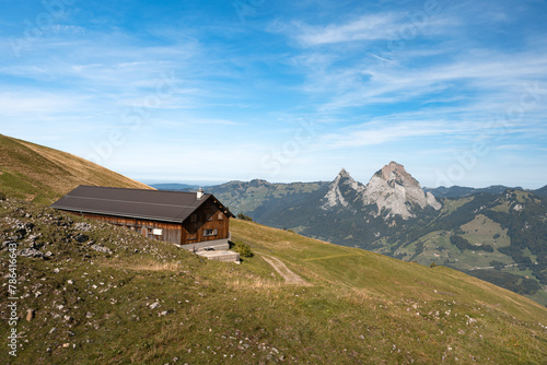 Aerial view of a mountain hut in Swiss Alps, Switzerland
