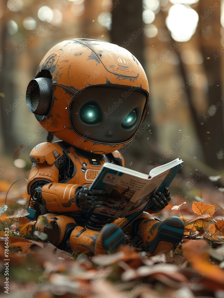 A cartoon-style portrayal of a robot reading a story to an enchanted child with soft sculpture effects A cartoon-style portrayal of a robot reading a story to an enchanted child with soft sculpture effects
