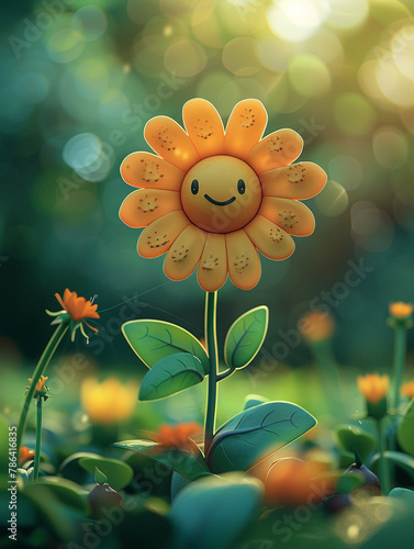 A cartoon-style portrayal of a happy flower dancing in the breeze with soft sculpture effects photo