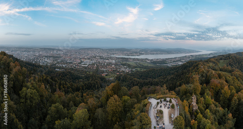 Panoramic view of Zurich city and lake from Uetliberg, Switzerland look-out tower and viewpoint 