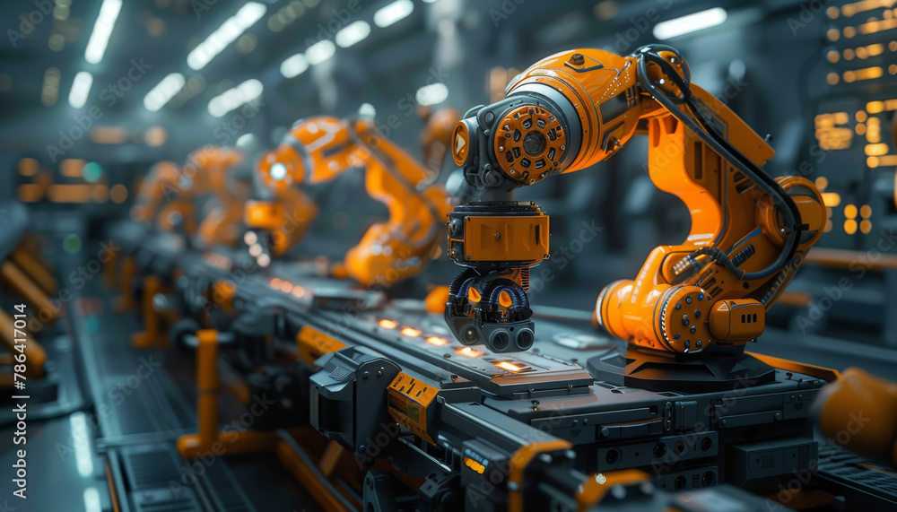 A line of robots are working on a conveyor belt by AI generated image A line of robots are working on a conveyor belt by AI generated image