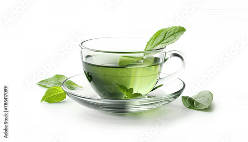 Glass cup of tasty green tea on white background