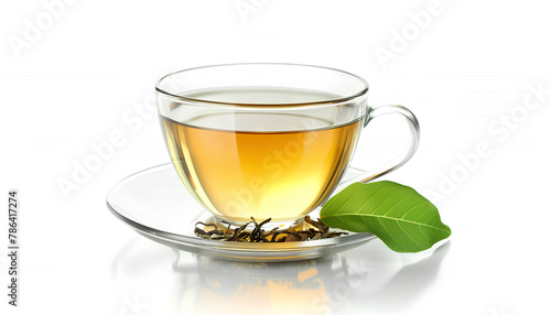 Glass cup of tasty green tea on white background