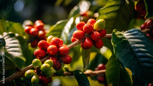 Raw arabica coffee beans in coffee plantation photo