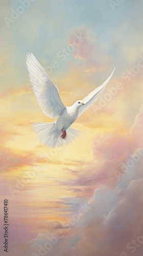 A serene watercolor of a single white dove flying across a pastel sky at the break of dawn