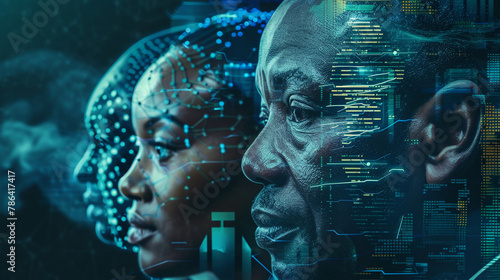 A cinematic poster for an AI conglomerate featuring "AI" and software development as central characters