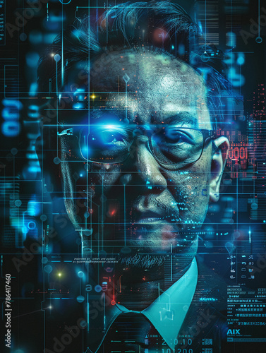 A cinematic-style poster representing an AI conglomerate active in Asia featuring "AI" and software development