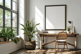 Mockup poster frame above a Drafting Desk in aliving roomhyperrealistic shot, modern interior scanidavian style