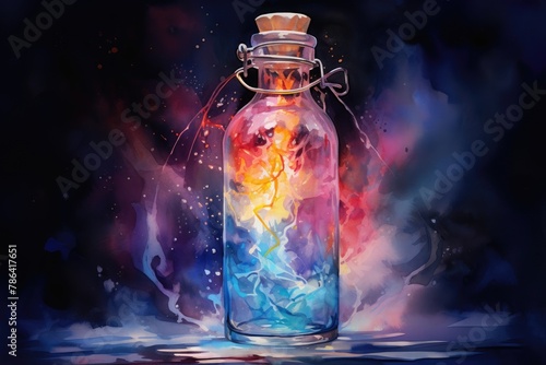 An abstract watercolor of lightning in a bottle, with vibrant electric bolts captured against a dark stormy sky