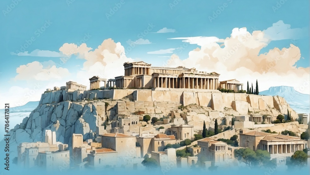 Acropolis and Athens cityscape double exposure contemporary style minimalist artwork collage illustration.