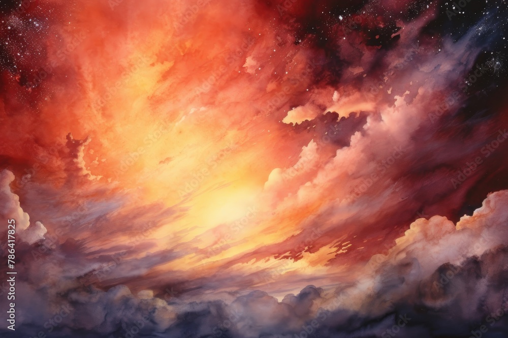 Fototapeta premium A dramatic watercolor sky scene featuring a comet streaking past with a tail of vibrant oranges and reds