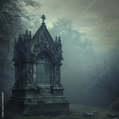 Ornate gothic podium in a misty graveyard at twilight, for Halloweenthemed products
