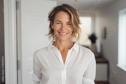 Portrait of a joyful woman in her 40s wearing a simple cotton shirt over modern minimalist interior