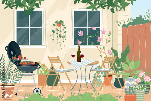 Patio area flat vector illustration. House backyard with cooking grill, green plants, trees. Garden modern furniture for barbecue and picnic. Cartoon outdoor furnished yard for BBQ summer parties