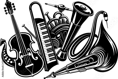 An exquisite ensemble of black music instruments, showcasing a harmonious blend of craftsmanship and artistry