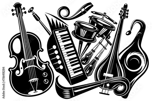 An exquisite ensemble of black music instruments, showcasing a harmonious blend of craftsmanship and artistry