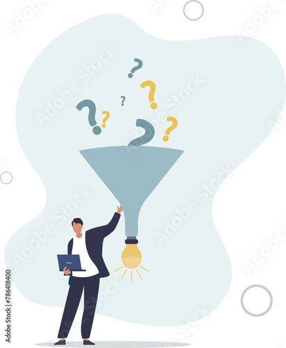 research or discover new idea, creativity to answer questions, smart businessman with funnel or filter.flat vector illustration.